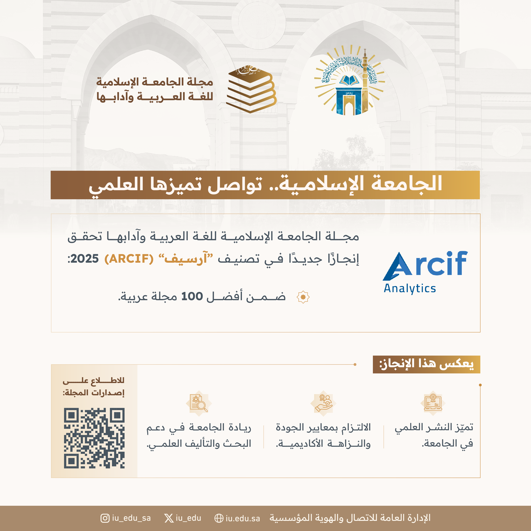 حققت مجلة الجامعة الإسلامية للغة العربية وآدابها إنجازًا جديدًا بحلولها ضمن أفضل ١٠٠ مجلة عربية في تصنيف "آرسيف" 2025 لمعامل التأثير والاستشهادات المرجعية للمجلات العلمية العربية